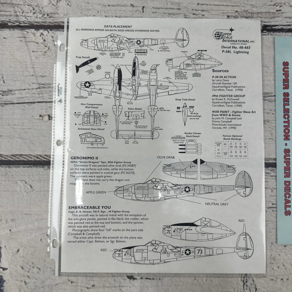 1/48 Superscale Decal 48-463 P‑38 Lightning 459th FS/80th FG,7th FS/49th FG